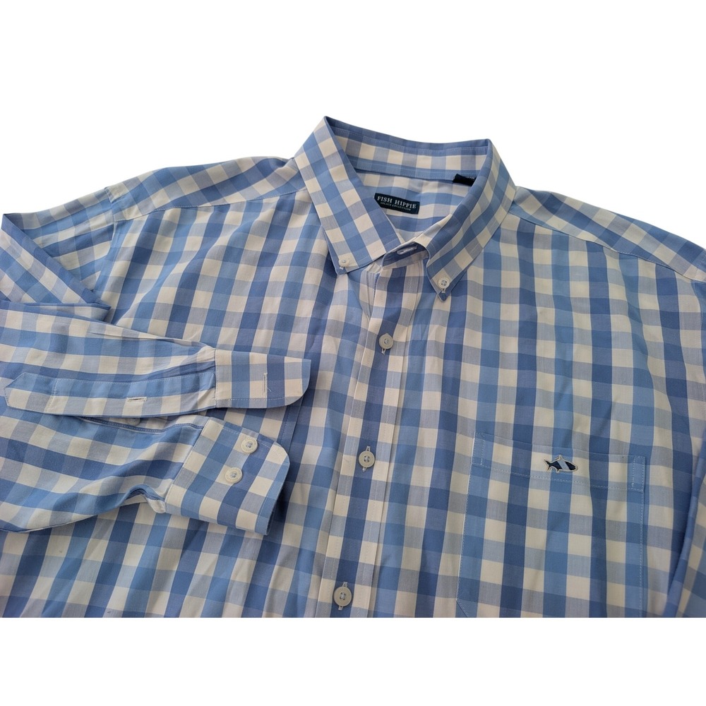 Fish Hippie Solace Collection Shirt Mens XXL Blue Gingham Plaid Button Down LS